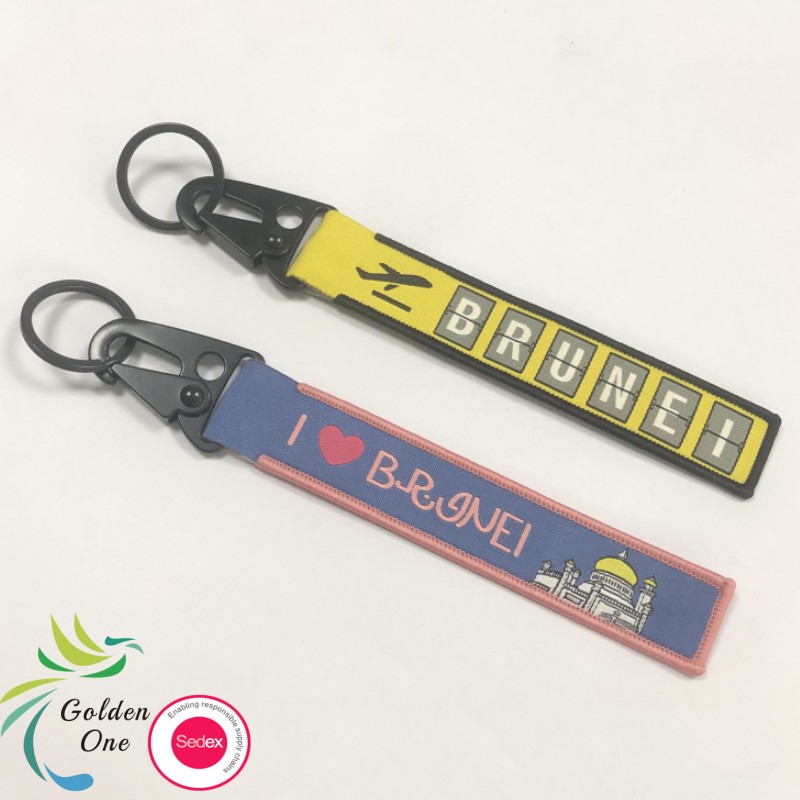 Factory Custom Embroidered Eagle Mouth Keychain Straps Cloth Sticking Woven Mark Ribbon Polyester Lanyard Metal Keychain