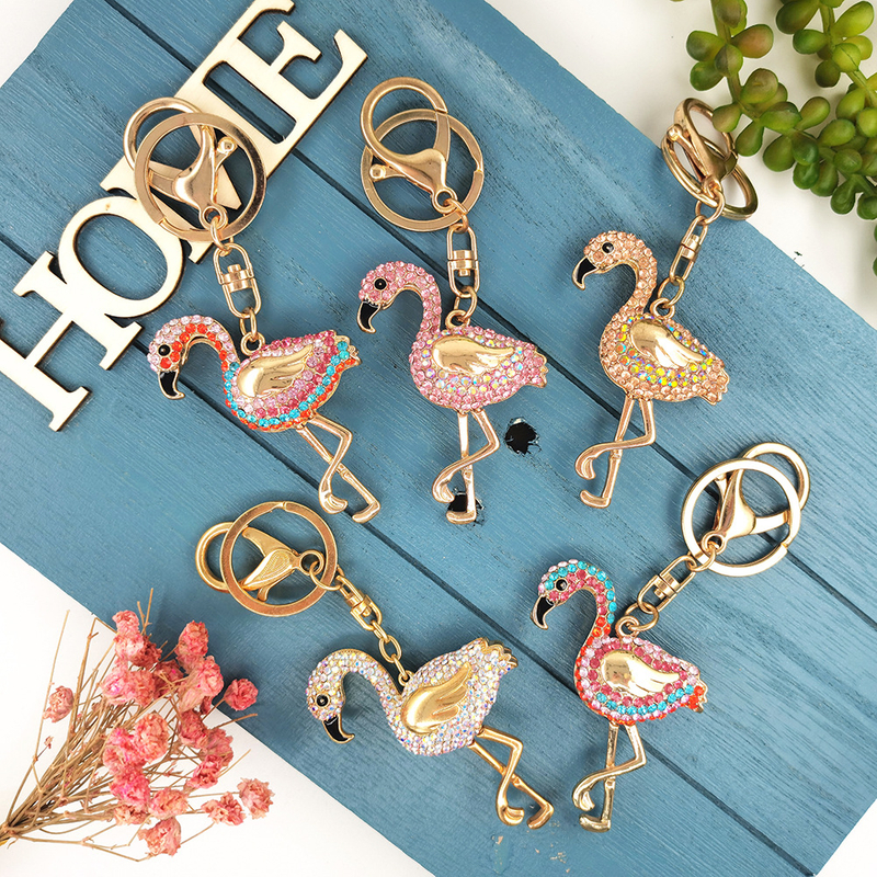 Wholesale Creative Pendant Cartoon Colorful Diamond-encrusted Flamingo Alphabet Smiley Bear Cute Metal Keychain