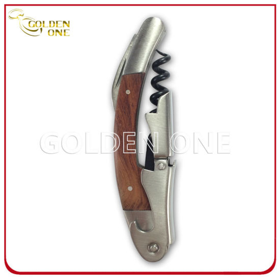 Modern Stainless Steel Wine Corkscrew with Wooden Handle