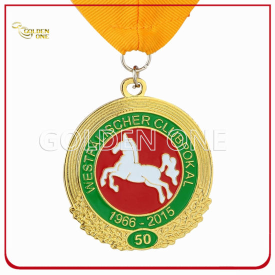 High Quality Gold Plated Metal Sport Medallion with Printed Lanyard