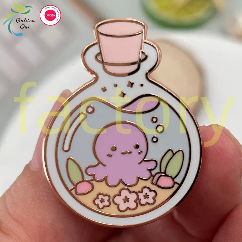 manufacture customized cute cartoon logo rose gold plating metal hard enamel badge lapel pins for souvenirs